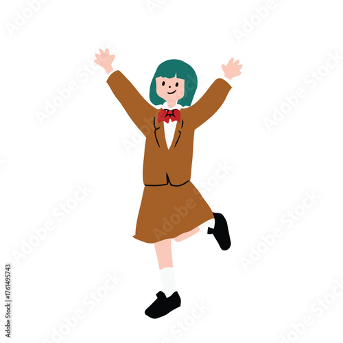 girl, student, uniform, school, happy, jumping, excited, celebration, joy, arms up, green hair, red bow tie, brown blazer, pleated skirt, white socks, black shoes, isolated, white background, illustra