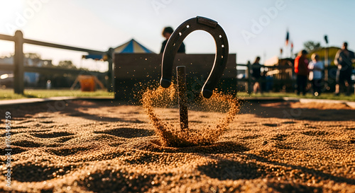 Experience the thrill of victory with a perfectly thrown horseshoe ringing the stake during a fun outdoor game, capturing the essence of summer fun and sportsmanship