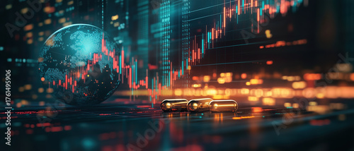 digital representation of global finance with capsules and stock charts, showcasing intersection of health and investment. vibrant colors evoke sense of innovation and opportunity