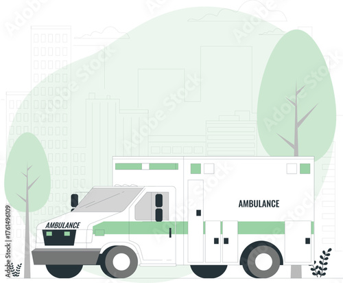 Ambulance vehicle parked on a street with city buildings and trees in the background emergency medical