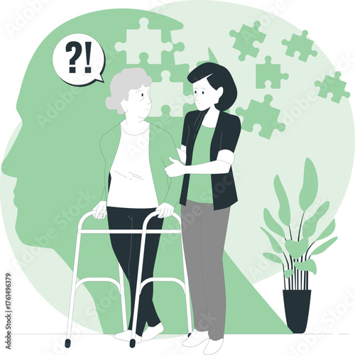 Caregiver assisting an elderly woman with a walker, with puzzle pieces and a question mark senior assistance