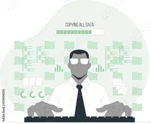 Man at keyboard with loading bar and files, illustrating data copying process transfer