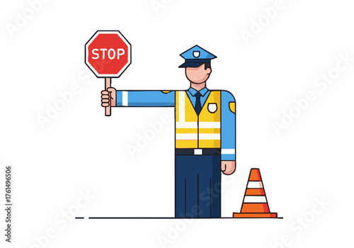 Cartoon illustration of a police officer holding a stop sign, standing next to an orange traffic cone on a white background.
