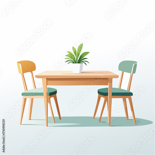 Simple yet elegant dining room setup featuring a modern wooden table, two vibrant colorful chairs, and a decorative houseplant, ideal for inviting interior concepts