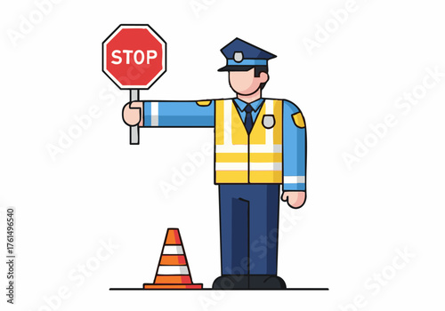 An illustrated police officer holding a stop sign and directing traffic, with a traffic cone.