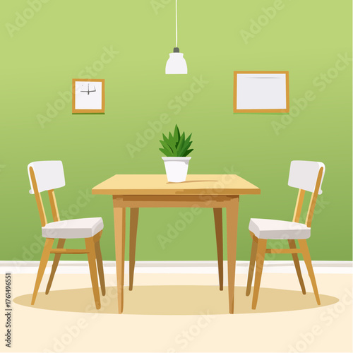 Minimalist dining room illustration. Bright green walls, modern wooden table, two chairs, and a potted plant create an inviting, clean interior