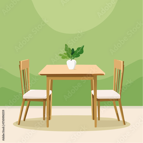 Cozy dining nook with a small wooden table and two chairs, adorned with a potted plant, set against a soft green wall
