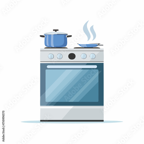Modern Kitchen Stove with Boiling Pot and Frying Pan on Burners, Illustrating Home Cooking and Meal Preparation for Everyday Meals and Culinary Activities