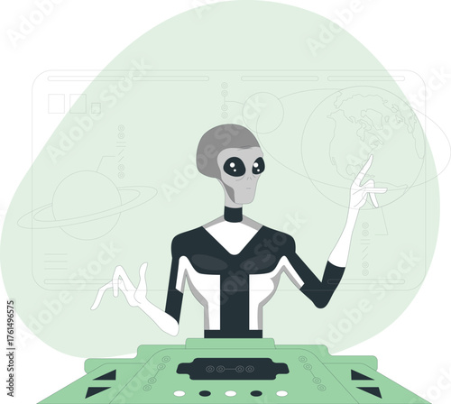 Alien interacting with futuristic holographic planet display and control panel extraterrestrial space