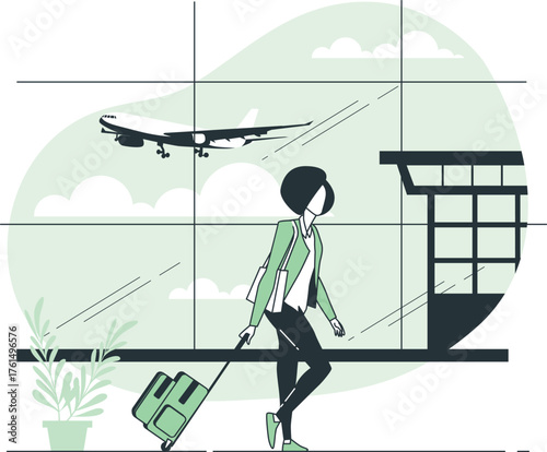 Woman with luggage at airport terminal looking at airplane through window travel