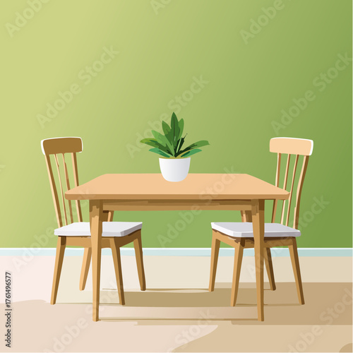 Cozy dining area with two chairs and a table featuring a potted plant, set against a pastel green wall