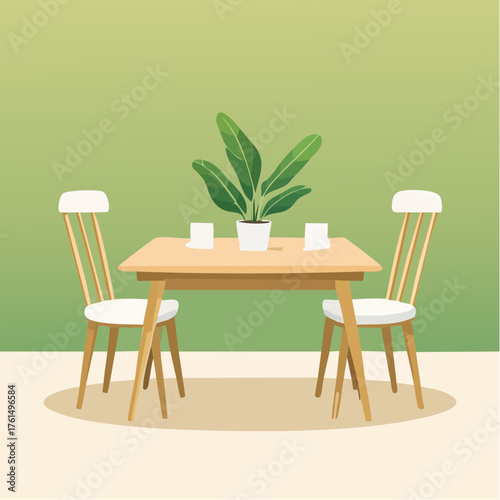 Cozy dining area with a wooden table and two chairs, featuring a potted plant and glasses, set against a soft green background