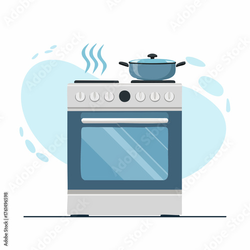Modern kitchen electric stove with oven and cooking pot emitting steam, depicting home meal preparation and culinary activities in a stylized, clean illustration