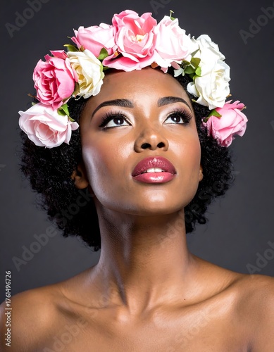 Elegant woman with flower crown, looking upward