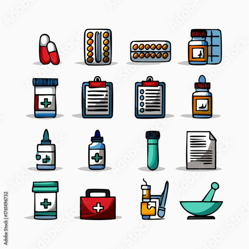 Collection of Medical and Pharmaceutical Icons for Healthcare and Wellness Applications