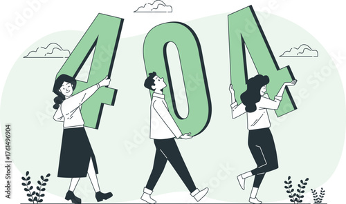 Three people holding large green numbers forming 404 with stylized clouds and plants 404 error page not found