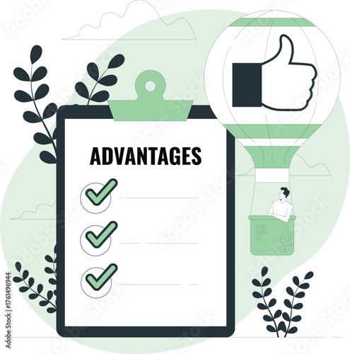 Clipboard with ' Advantages' list and thumbs up hot air balloon benefits positive