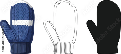 Mitten illustration set in color, outline, and silhouette versions