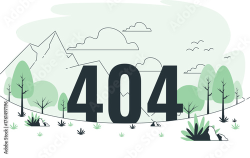 Large 404 numbers in a stylized landscape with mountains trees and clouds 404 error page not found