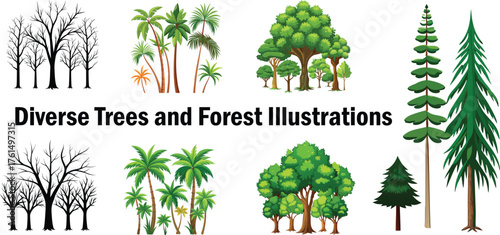 Forest Trees Illustration Set Diverse Environment Nature Graphic Resource