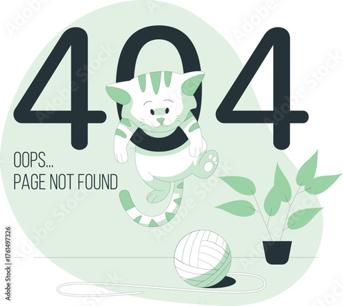 Cute cat hanging on large 404 numbers with ball of yarn and plant 404 error page not found