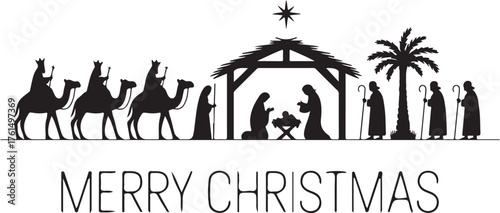 The sages go with camels to worship the newborn Jesus and on the other side there are shepherds with staffs. Set