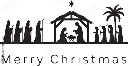 The sages go with camels to worship the newborn Jesus and on the other side there are shepherds with staffs. Set