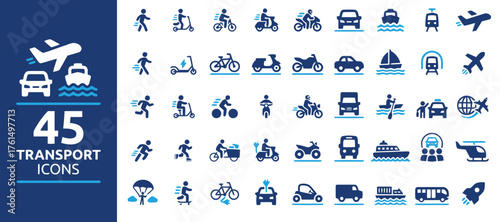 transport, transportation, icons, vehicle, car, truck, bus, train, airplane, boat, ship, motorcycle, bicycle, scooter, electric scooter, taxi, helicopter, delivery, travel, journey, commute, logistics