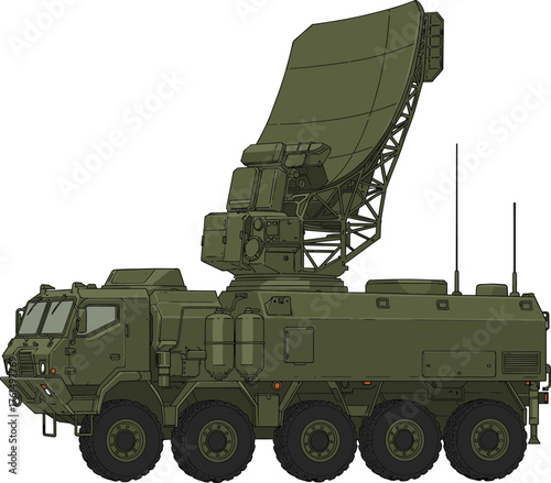 Military radar vehicle system, mobile radar truck, air defense radar unit, army surveillance truck, military technology vehicle, battlefield radar system, armored radar vehicle illustration