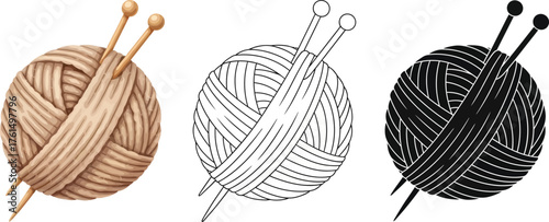 Ball of yarn with knitting needles illustration in color, outline, and silhouette styles
