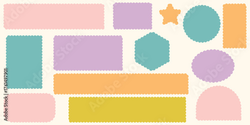 Scallop edged frame template. Bentoblack grid shapes. Geometry modular moodboard borders with perforation. Label textboxes Lace frill pack. Trendy blocks blank layout. Vector flat illustration