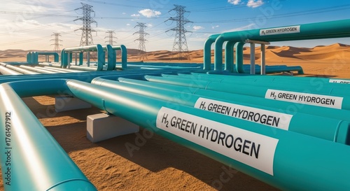 Bright sunny day reveals green hydrogen pipelines next to electricity pylons in a vast desert landscape
