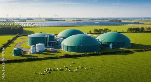 Biogas plant with green domes, solar panels, and wind turbines producing renewable energy in a sunny green field