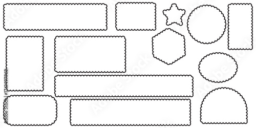 Scallop edged frame template. Bentoblack grid shapes. Geometry modular moodboard borders with perforation. Label textboxes Lace frill pack. Trendy blocks blank layout. Vector flat illustration