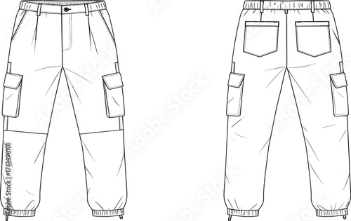 Cargo pants design, flap pocket detail, drawstring cuff silhouette, panel knee structure, fashion flat sketch, cad drawing, vector template