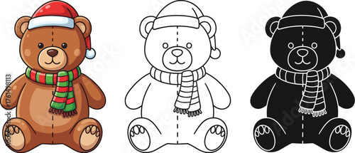 Christmas teddy bear with Santa hat and scarf in color, outline, and silhouette styles