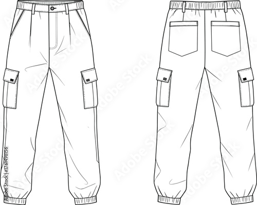 Cargo pants design, flap pocket detail, elastic cuff silhouette, fashion flat sketch, cad drawing, vector template, sewing pattern illustration
