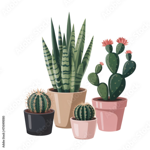3d rendered illustration of various potted succulent and cactus plants isolated on transparent background