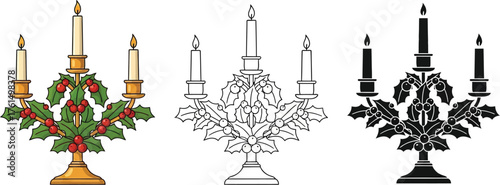Candelabra illustration set with color, outline, and silhouette versions