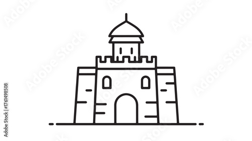 Minimalist illustration of a historic castle gatehouse with turret