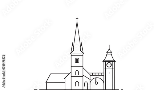 Elegant church with a tall spire and clock tower, rendered in clean architectural line art