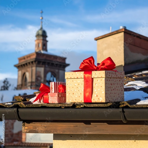Festive gifts, adorned with red bows, on a snowy rooftop, with a tower