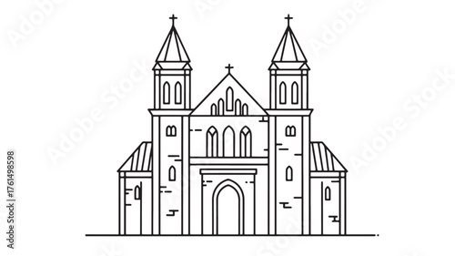 Elegant line art illustration of a grand church with twin towers and arched windows