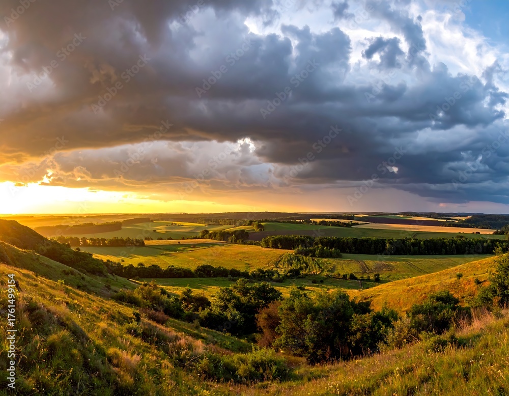 Fototapeta premium Expansive landscape showing rolling hills and fields bathed in warm sunlight, contrasted by dramatic, stormy clouds