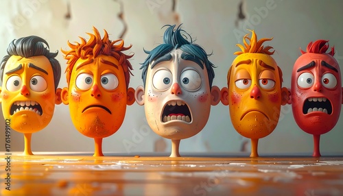 Five cartoonish faces displaying expressions of shock and distress