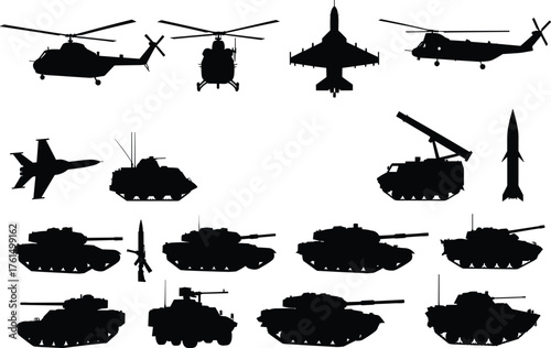 Military vehicles and aircraft silhouettes collection, including tanks, helicopters, fighter jets, missiles, and armored vehicles, black army transport and combat 