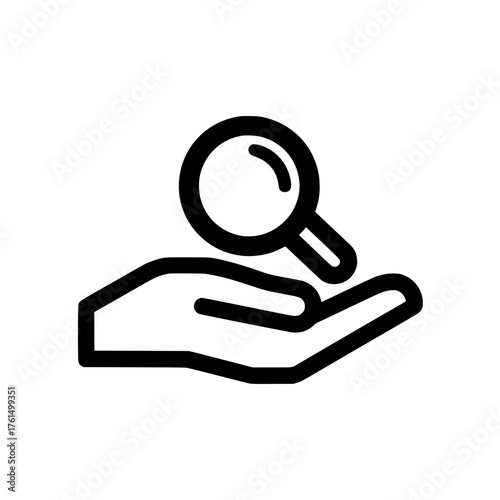 Search icon placed on hand in flat style concept for support research and data exploration