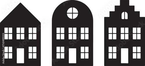 Vector set of traditional old Europe buildings like Amsterdam houses. Isolated black simplified silhouette