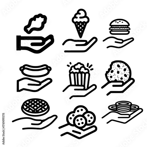 Open hand holding food icons like fried chicken ice cream burger popcorn cookies and waffle