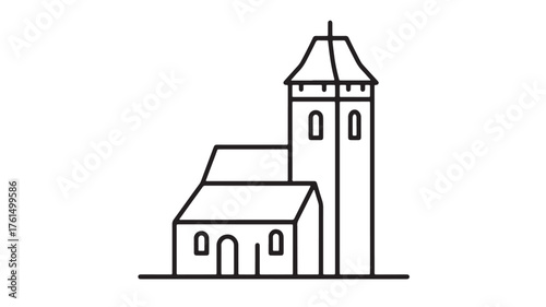 Simple line drawing of a charming church with a tall bell tower